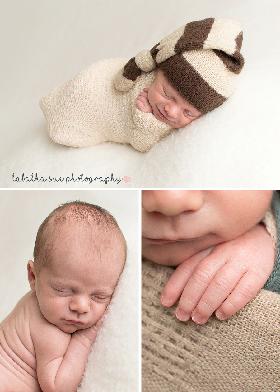 2-baby-photos-in-a-cleveland-ohio-home-studio-professional-photography-near-parma-heights-ohio-44130-smiley-newborn-with-a-cap-on-wrapped-in-tan-colored-wrap.png