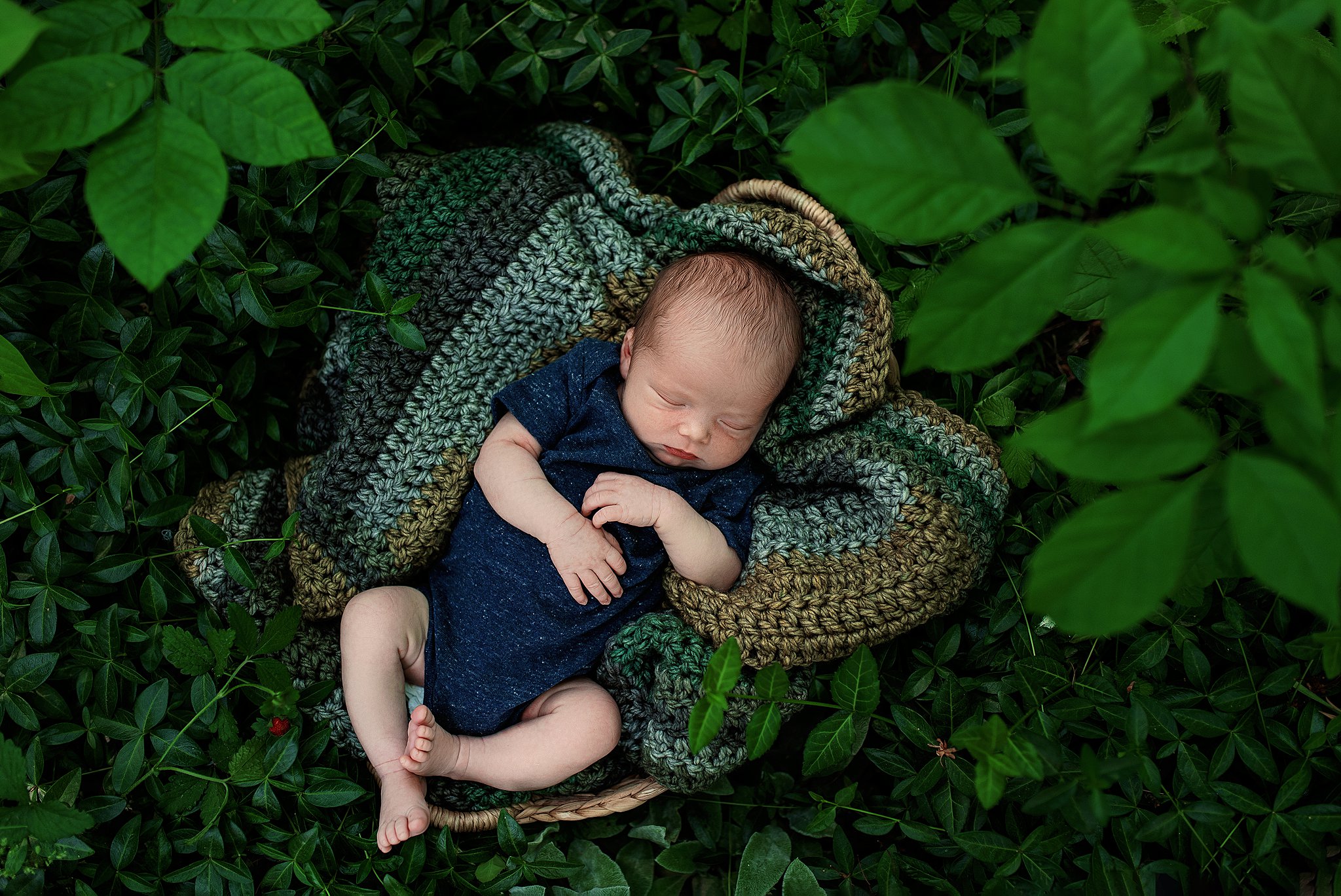 A newborn baby sleeps in a bed of plants on a knit blanket postpartum doula cleveland